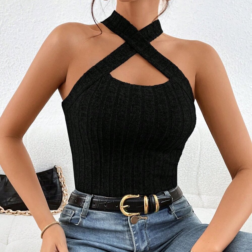 Black Casual Women's Crisscross Halter Top